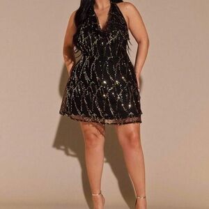 SHEIN Black Sequin Halter Mini Dress